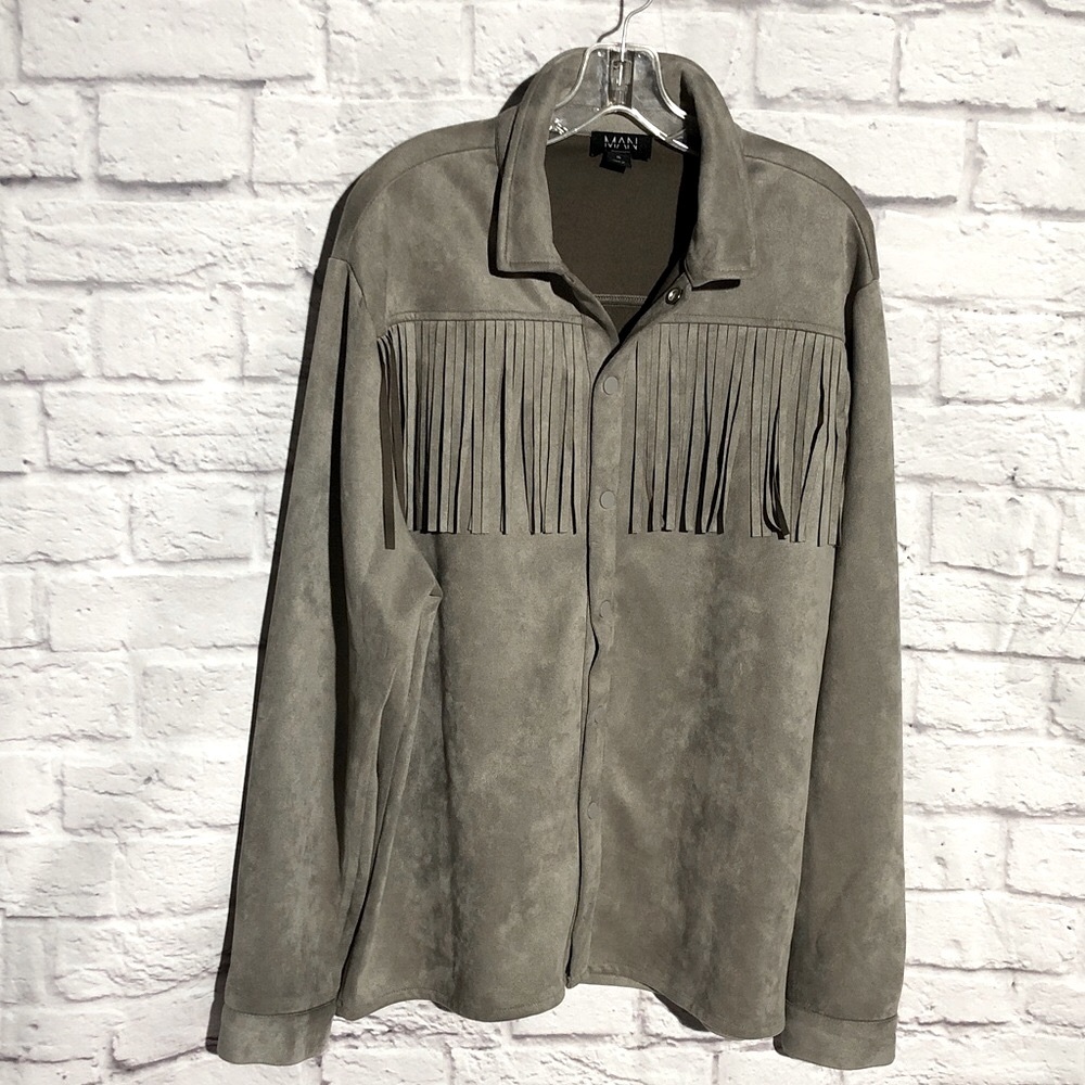 Men's or Women Suede Faux Leather Fringe Jacket Shirt  in Grey size XL 23” PTP